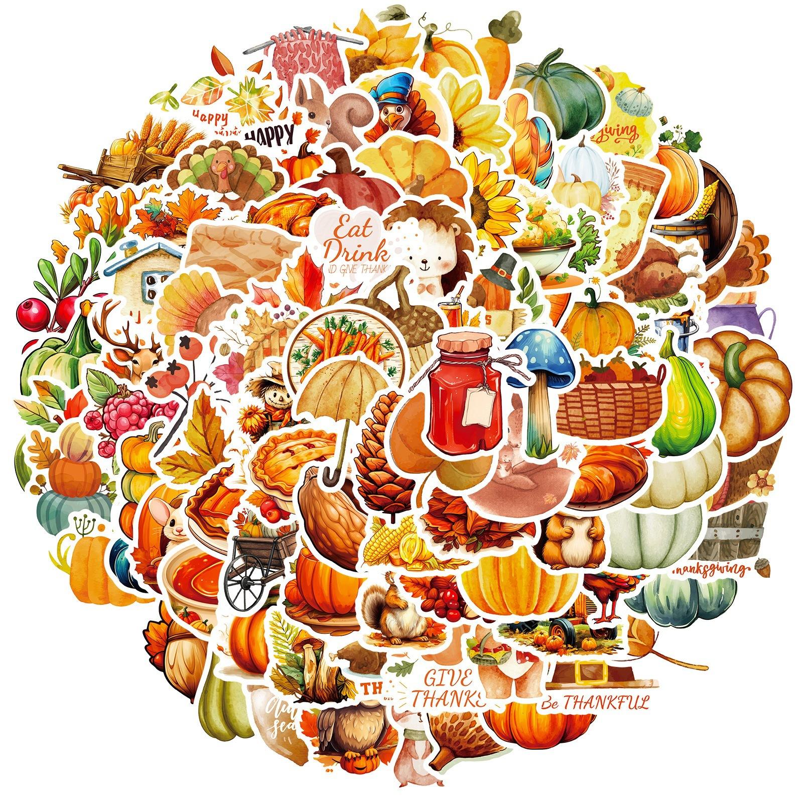 

100 Thanksgiving Waterproof Stickers PP Material Waterproof No Repeatable Stickers DIY Water Cup Luggage Skateboard Refrigerator