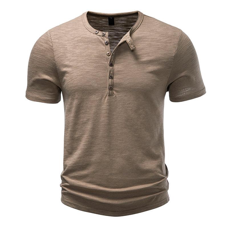 New Design Men's Summer Solid Color T-Shirts Bamboo-Handled Henry Collar Casual Button Short Sleeve Top Tees Hip Hop Streetwears