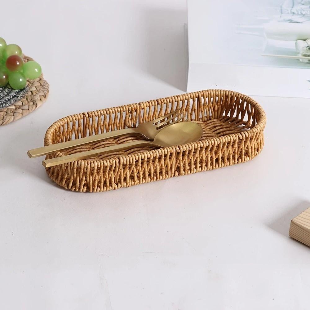 Oval Shape Tableware Storage Basket Retro Desk Shelf Baskets Faux Wicker Tray Dining Room