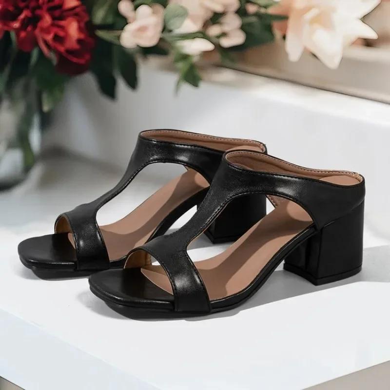 Fashion Large Size Thick High-heeled Slippers for Women in Summer 2025, New Square Headed Elegant Slippers for Women zapatos de mujer