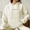 Women's Waffle Knit Hooded Sweatshirt with Letter Print - Loose Fit, Long Sleeves, Autumn/Winter Style  