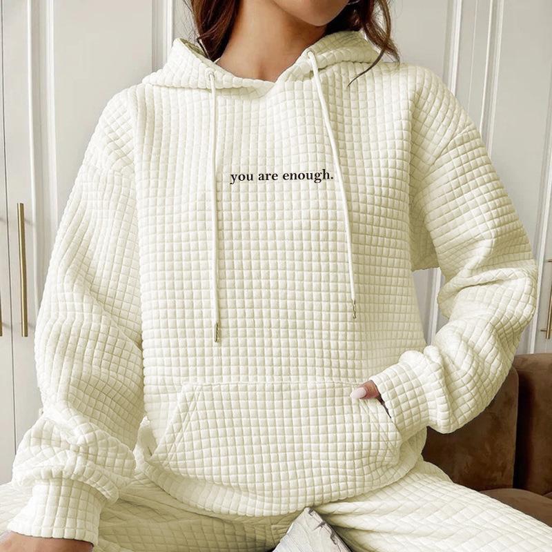 Women's Waffle Knit Hooded Sweatshirt with Letter Print - Loose Fit, Long Sleeves, Autumn/Winter Style  