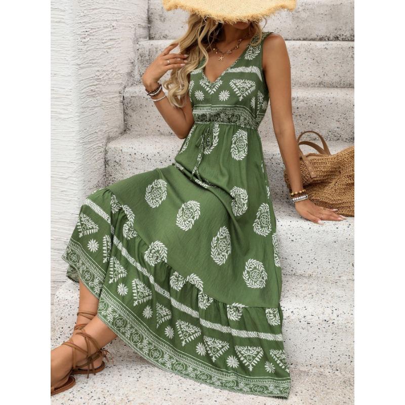 VEZFAA Women's Fashion Summer Spring Flower Pattern Print Sleeveless V-Neck High Waist Casual Dresses