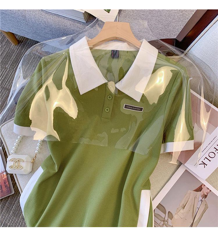 Rochie A-line patchwork cu blocuri de culoare și guler polo mărime plus (Vară, Lungime medie, Reducere a vârstei)