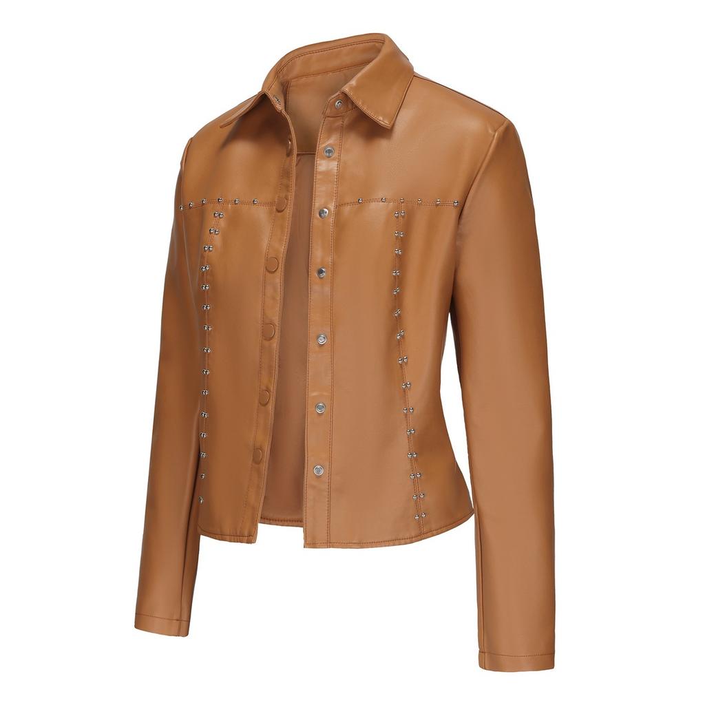 2024 Spring and Autumn New Rivet Leather Jacket Cardigan Button Leather Jacket European and American Fashion Thin Jacket Cross-border Women's Clothing
