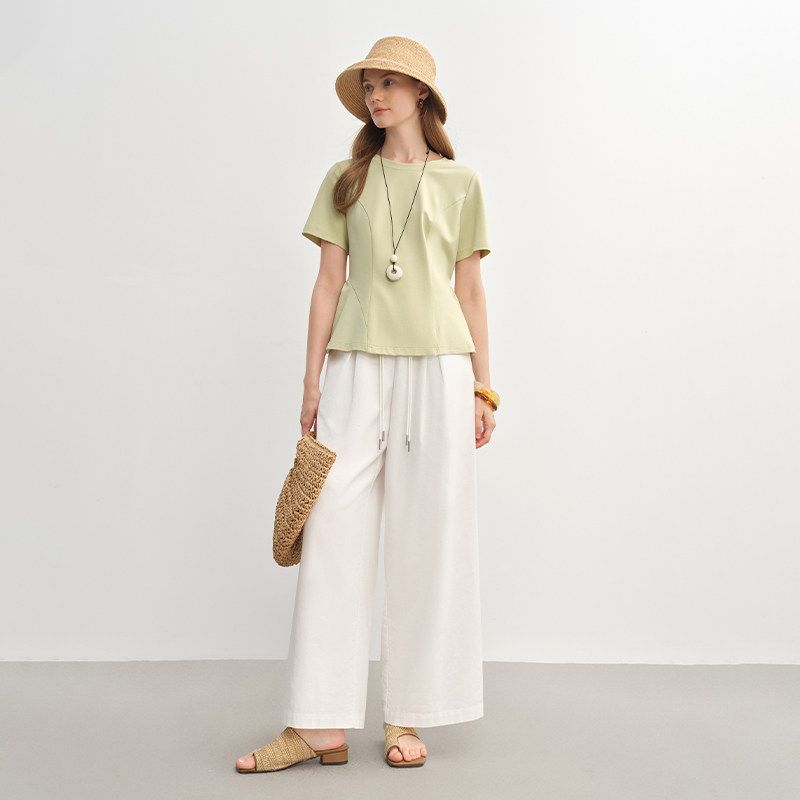 Single Beam Plus size women clothing [Wind and Lotus Swing] Princess Line Split Arc Pleated Slimming T-shirt Shoulder Top