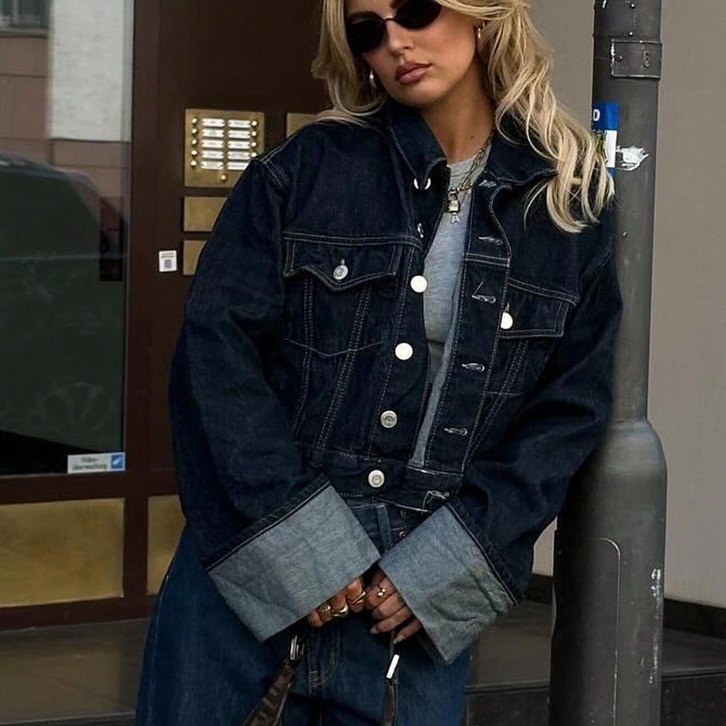 European and American Spring and Autumn New Women's Rolled Edge Sleeve Denim Jacket Jacket