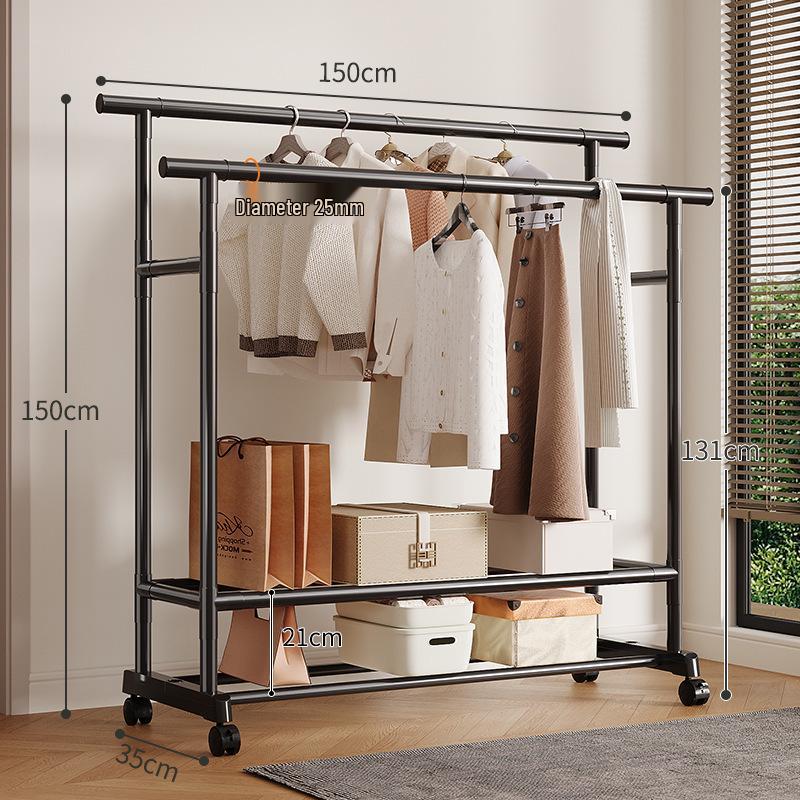 Extra Thick Double Row Vertical Clothes Rack with Wheels for Bedroom Storage