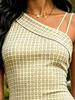 Beige Geometric Square Print One Shoulder Spaghetti Strap Bodycon Midi Dress Elegant Cocktail Dress