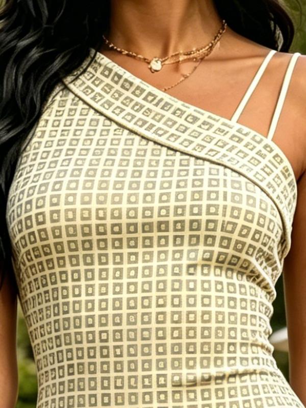 Beige Geometric Square Print One Shoulder Spaghetti Strap Bodycon Midi Dress Elegant Cocktail Dress