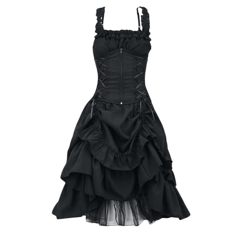 Women's Plus Size Gothic Corset Dress Vintage Lace Up Ruffle Layered Halloween Cosplay Prom Evening Party Formal Dress