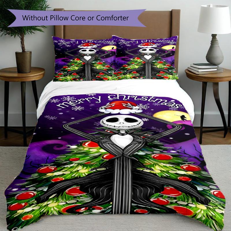 3pcs Duvet Cover Set (1*Duvet Cover + 2*Pillowcase, Without Core), The Nightmare Before Christmas Print Bedding Set, Bedroom Decor, All‑Season, Birthd