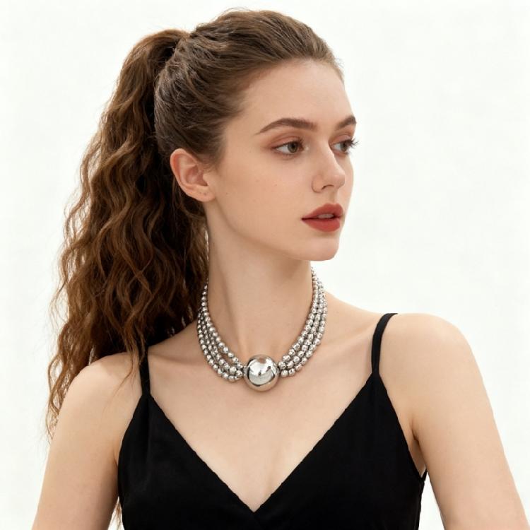 Elegant Layer Imitation Pearls Statement Necklace Large Bead Detailing For Neck Outfits