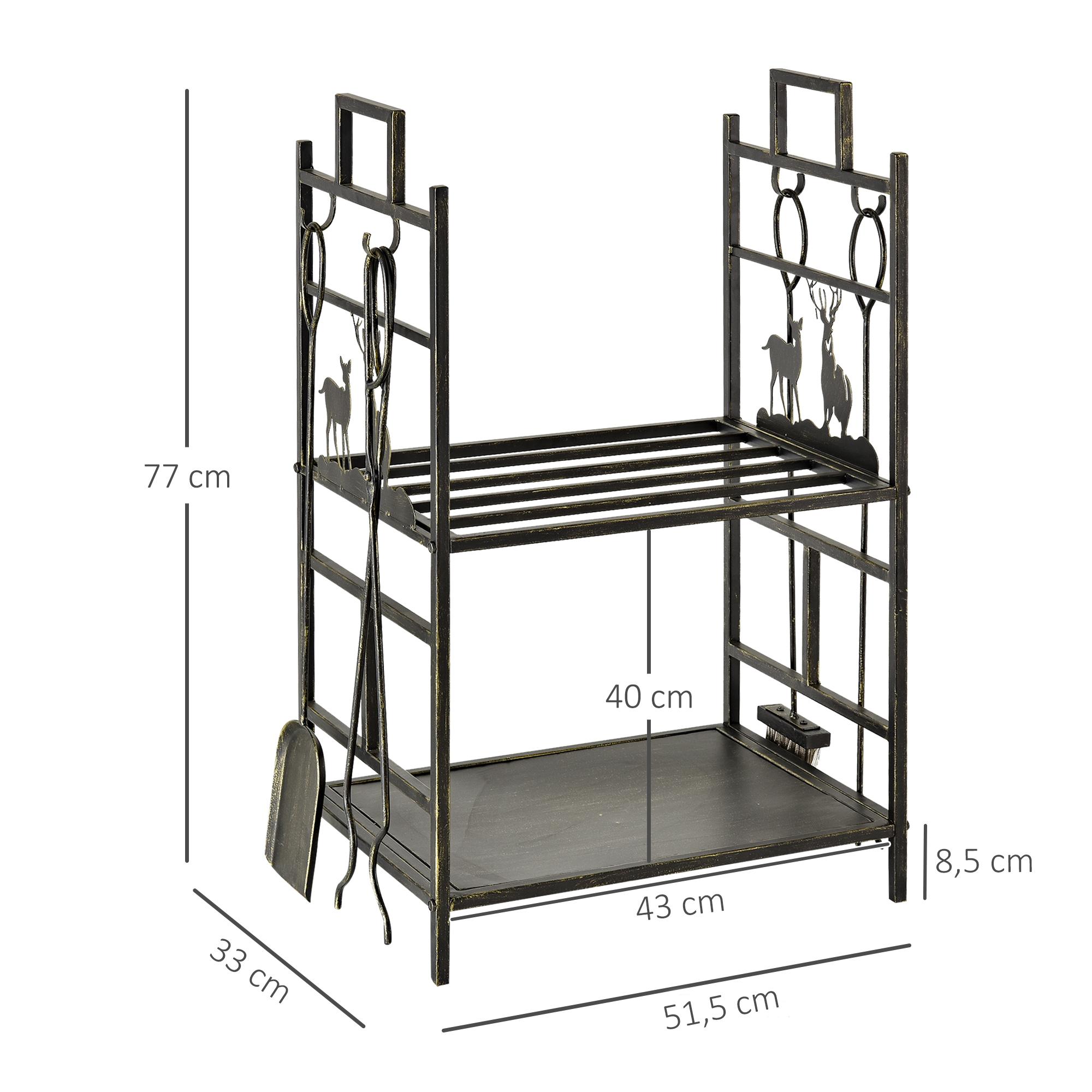 Support de Bois de Chauffage Outsunny Avec Outils de Cheminée Porte-Bûches Fer Noir et Doré 51,5x33x77 Cm