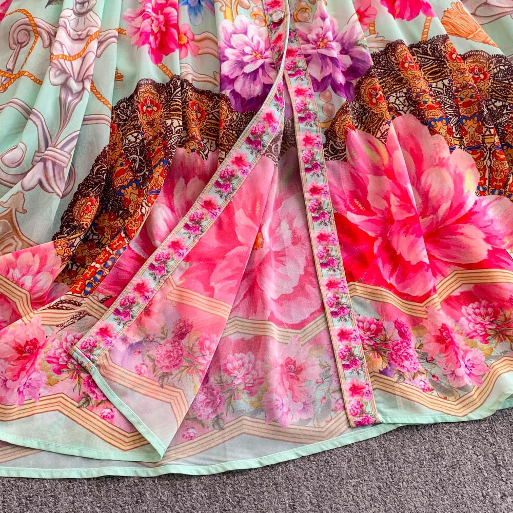 Fashionable V-neck Single-breasted Cinched Waist Women's Dress with Lantern Sleeves and Printed Pleats