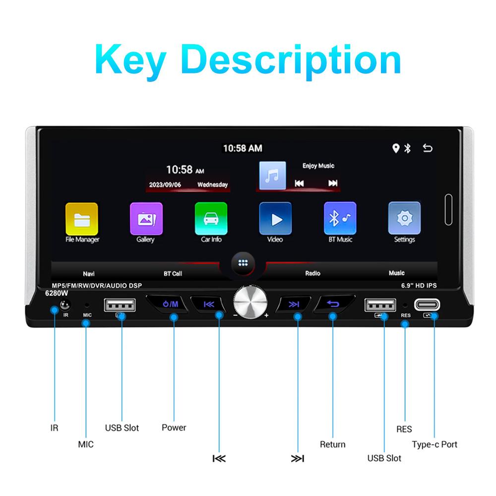 Reakosound 1 Din 6,9-calowy Android Radio samochodowe Autoradio 2 + 64 GB HD 1080P Samochodowy odtwarzacz MP5 z Bluetooth WIFI GPS Radio FM Lusterko wsteczne Link