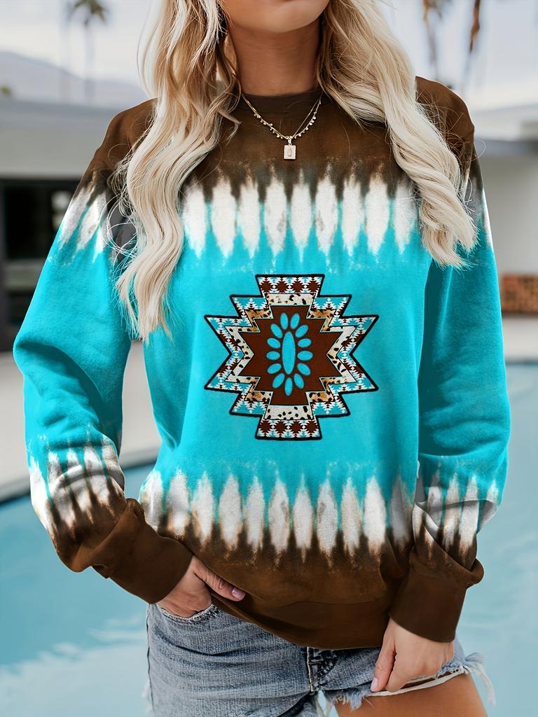 Women's Western ethnic print thin sweatshirt Retro geometric print round neck long sleeve top for women