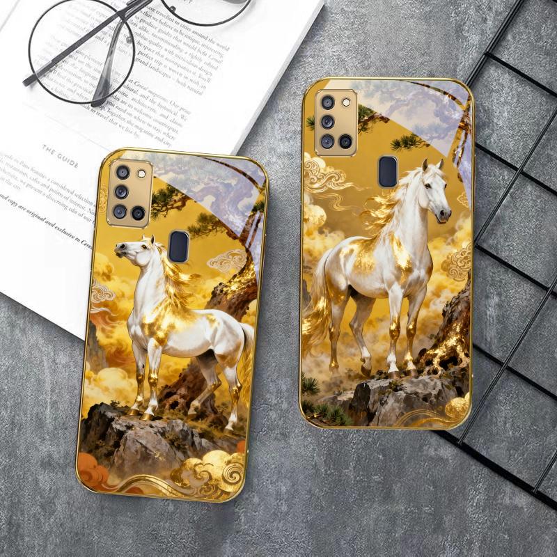 tall and sturdy horse For Samsung A 31 32 A33 A34 35 14 A15 13 A16 25 26 50 52 53 54 55 56 70 71 72 73 Golden glass phone case
