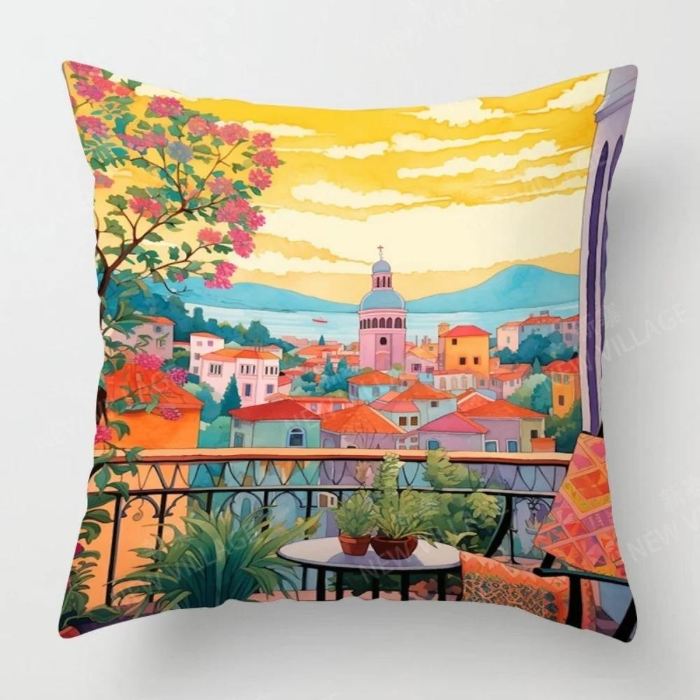 Vibrant Mediterranean Scenes Printed Pillowcase Pattern Cushion Cover Suitable for Sofa Bedroom Car Pillow Cover