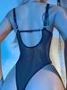 Sultry European & American Patent Leather Mesh Suspender Bodysuit