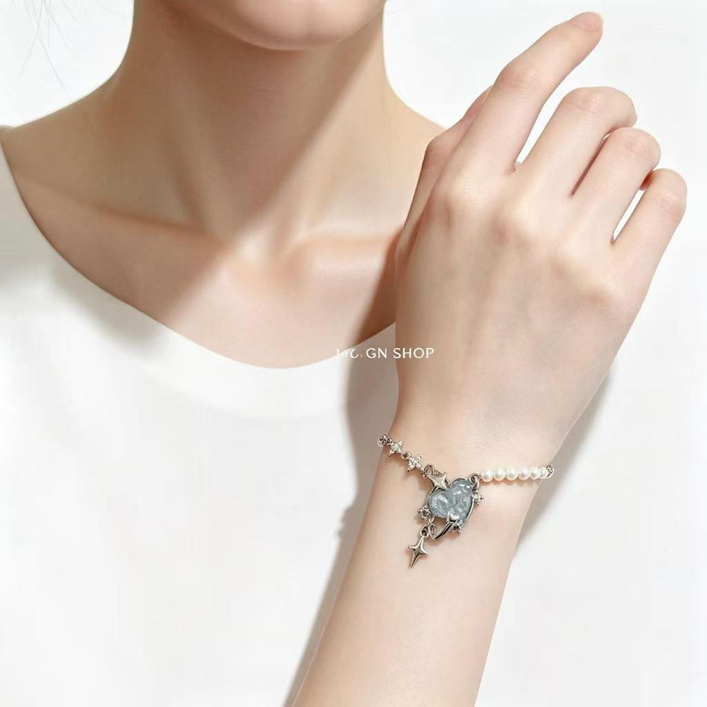 Exquisite French Ice Blue Star Crystal Heart Bracelet & Necklace Set for Women