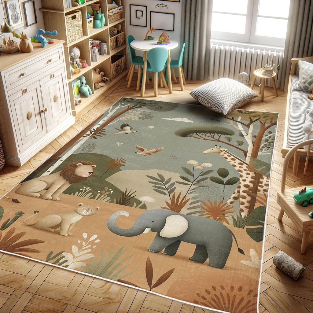 Dinosaur Decorative Rug,Jurassic Scenario Cartoon Animals in Wilderness Cloudy Sunrise Back, Quality Carpet for Bedroom Dorm and