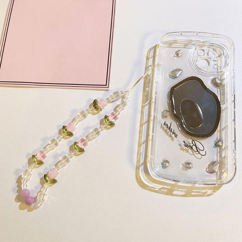 Colorful Floral Bead Phone Lanyard Pearls Wristlet Charm Strap Flower Phone Charm Strap Portable Chain for Smartphones