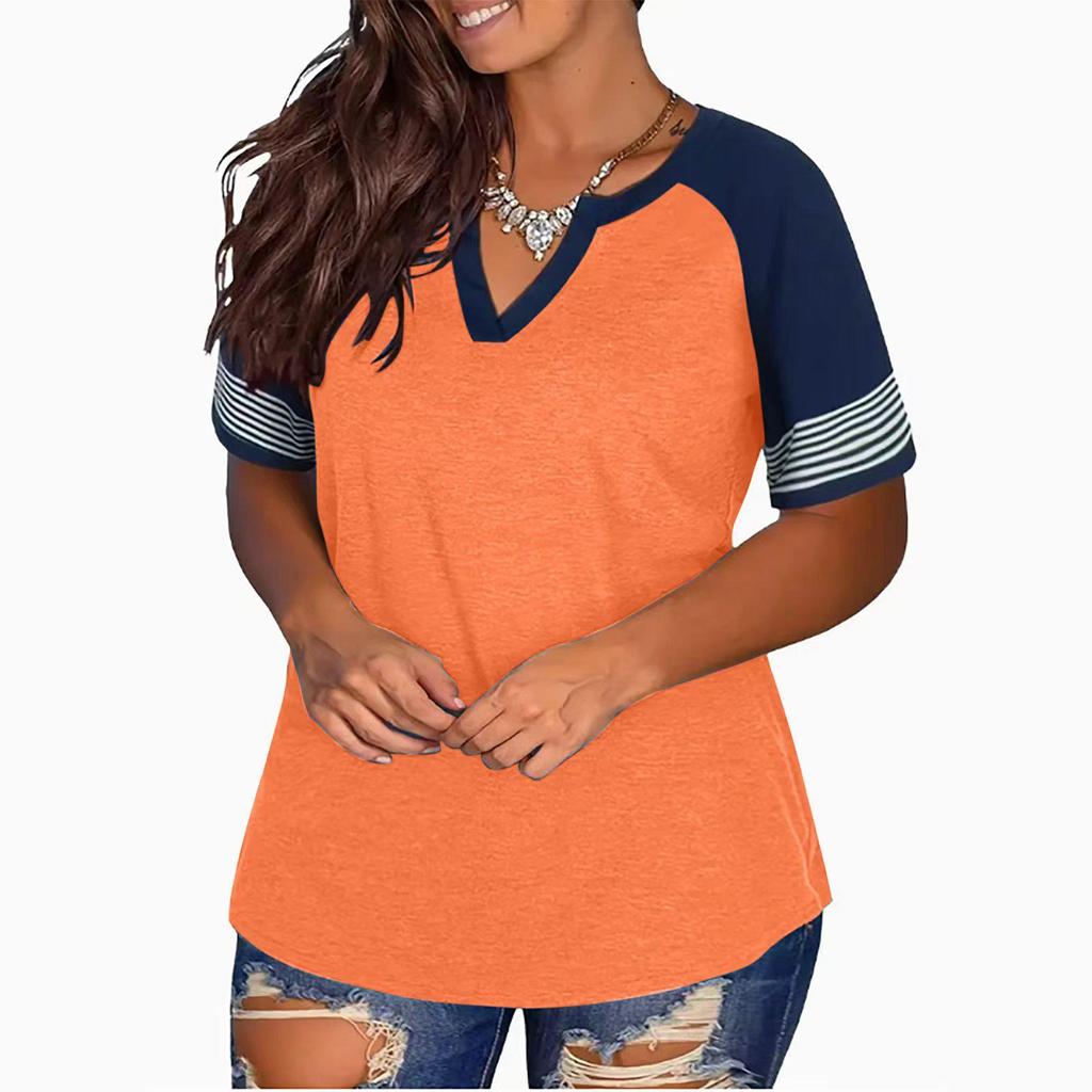 2024 Euro-America V-Neck Color Block Short Sleeve Loose Top
