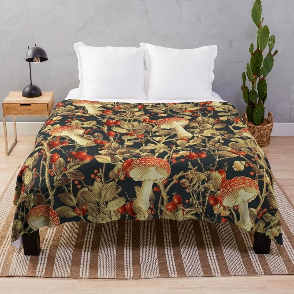 Mushroom Flannel Throw Blanket King Queen Size Brown Mushroom Pattern for Bed Sofa Couch Decor Smooth Lightweight Super Soft