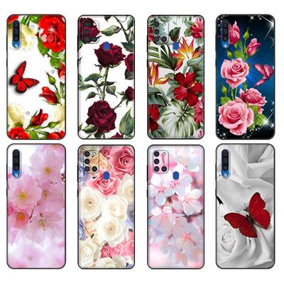 Czarne etui TPU dla Samsung Galaxy A50 50S A30S A10 A01 A11 A21S A31 A41 A51 A71 M21 M30S S10 LITE Czerwony motyl na kwiatach róż