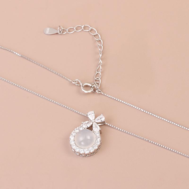 Exquisite S925 Sterling Silver Bowknot & Diamond Necklace with White Chalcedony