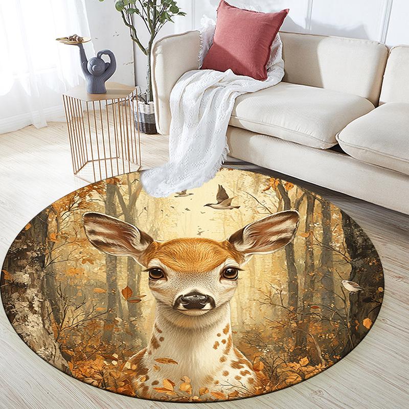 Autumn Forest Deer Round Area Rug,Carpet Rug for Living Room Bedroom Sofa Playroom Decor,Non-slip Floor Mat