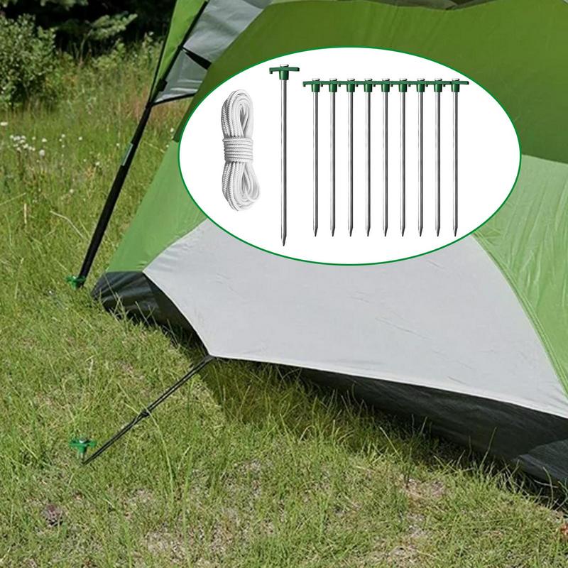 Tent Ground Pegs 10-piece Heavy Duty T-Shaped Pegs With 4 Ropes For Campsite 10.25-Inch Ground Spikes For Camping Backyard Lawn