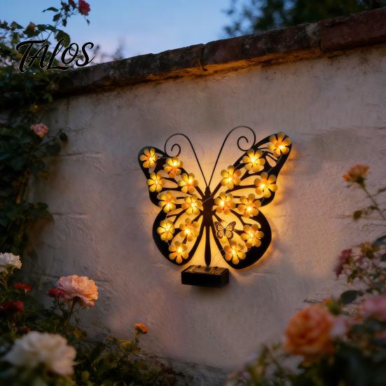 Backyard Butterfly Wall Accents 2Pcs Solar Lights Outdoor Metal Decor, IP65 Waterproof Sculpture Lights, Hanging Art for Garden Fence Patio Porch Yard