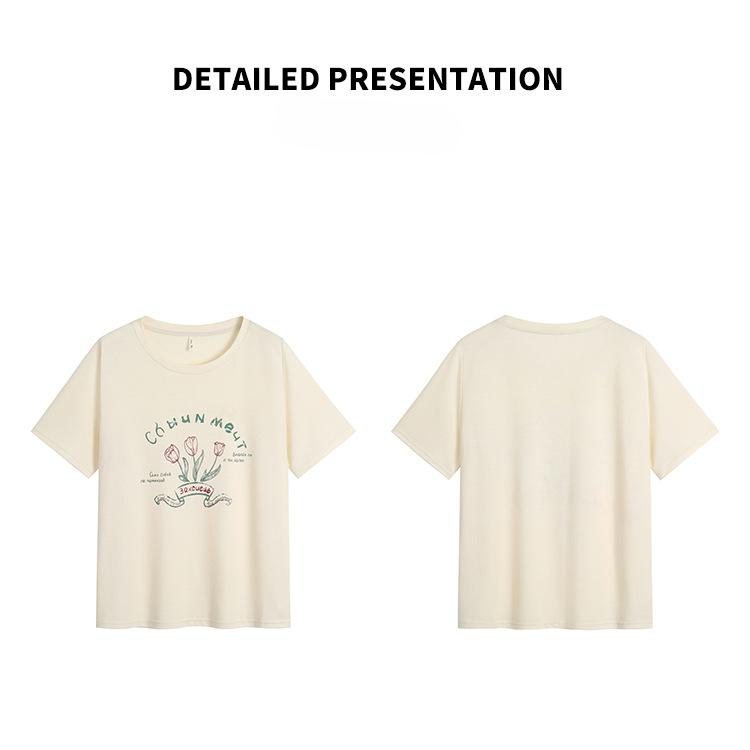 Summer Women's T-shirt Tulip Printed Plus Size Round Neck Positive Shoulder Short Sleeve Top