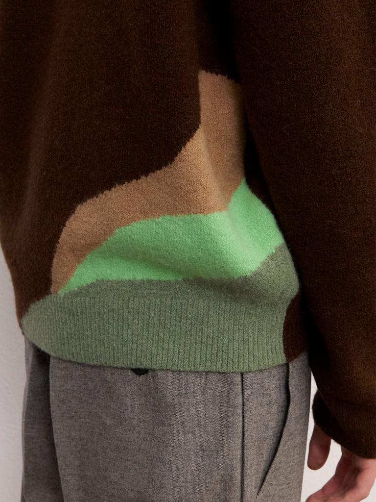 FRAGE Alpaca Semi-Crop Color Block Knit Cardigan - Brown