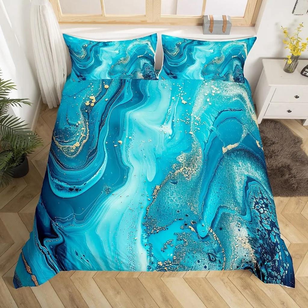 Blue Marble Duvet Cover, Geometric Comforter Cover Twin Queen Size Golden Stone Pattern Bedding Set Abstract Trippy Quilt Cover