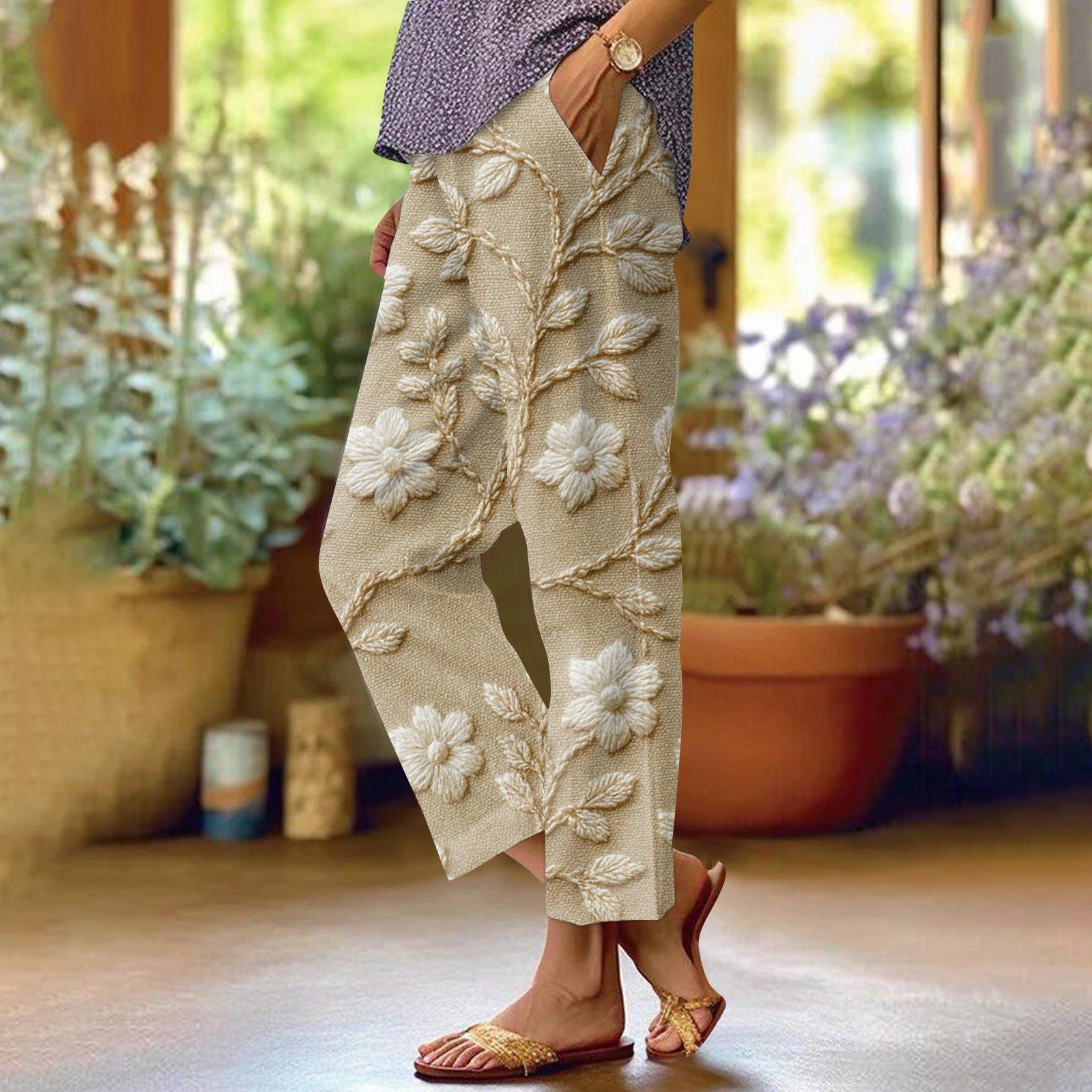 

Women s Fashionable Textured Print Pocketed Casual Pants With Elastic Waistband. S