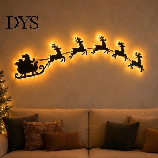 Innen-Weihnachtsdekoration Beleuchteter Weihnachtsschlitten Rentier Wanddeko mit Fernbedienung, 3D Leuchtendes Holz Rinde Feiertagskunst für Zuhause und Eingangsbereich zum Aufkleben
