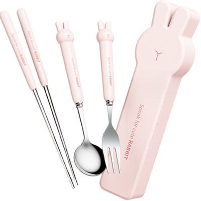 Niedliches Hasenlöffel + Gabel + Essstäbchen + Etui-Set für Kleinkinder MP255, rosa