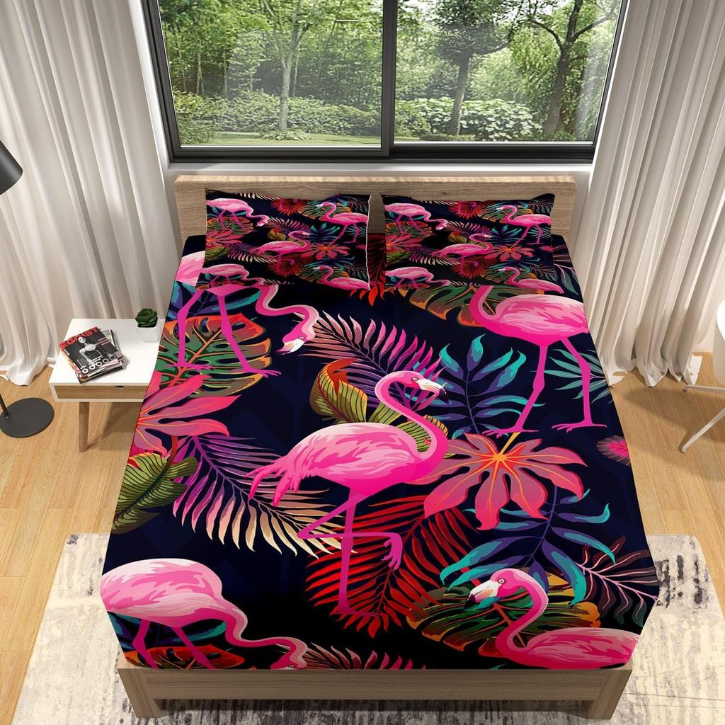 Blomster Flamingo Formsydde Laken, Mikrofiber med Dyp Lomme 30 cm Sengetøy Mykt Pustende Fargebestandig for Barn Tenåringer