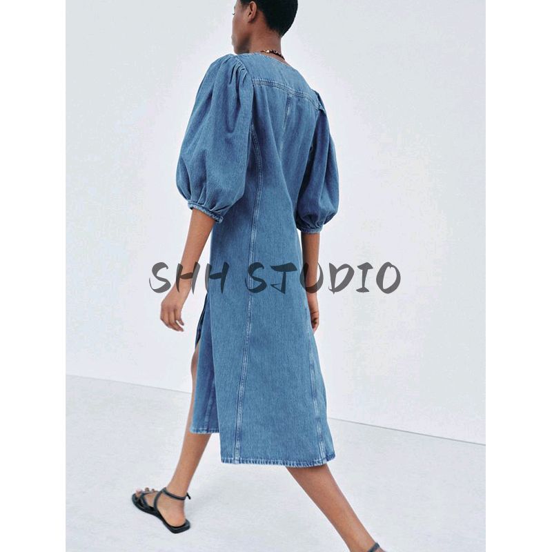 Spring and Summer New Women's Clothing Thread Decoration round Neck Puff Sleeves Washing Effect Denim Dress 5216060