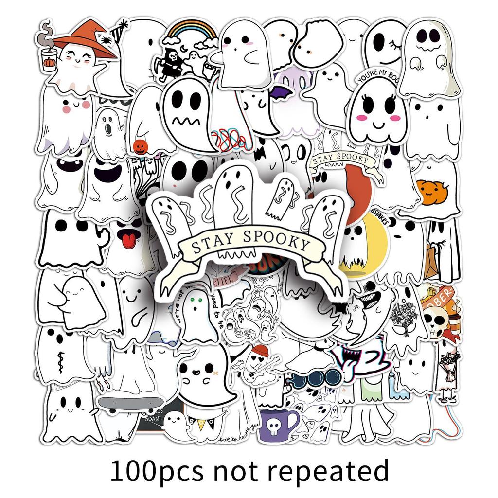 100 Sheets of Cute Cartoon Ghost Halloween Stickers - Waterproof DIY Stationery for Journals
