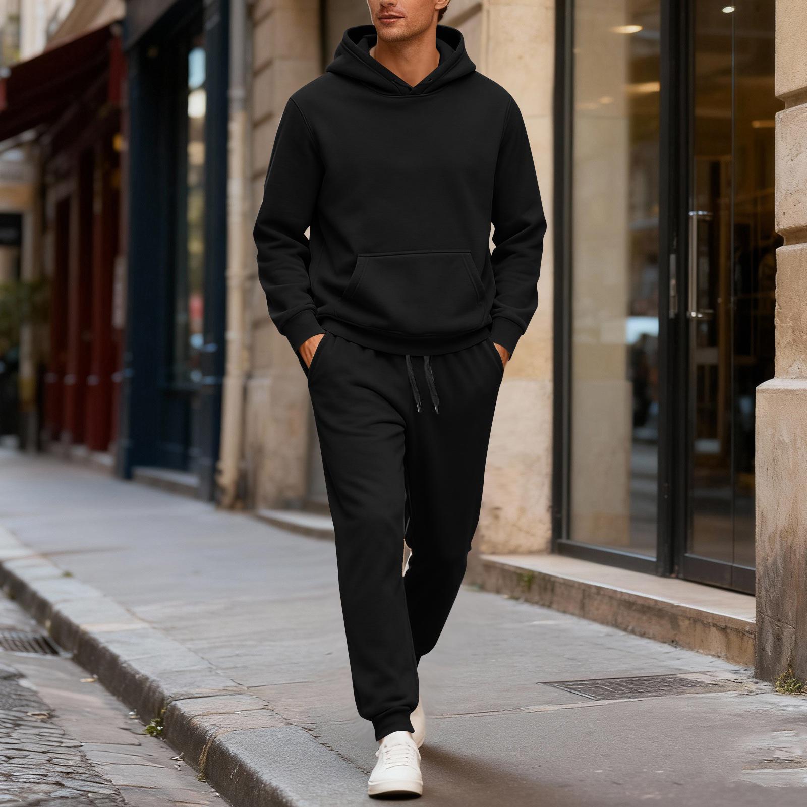 

Men’s Pullover Hoodie and Drawstring Sweatpants Set Casual Two Piece Outfit Long Sleeve Hooded Top and Jogger Bottoms L чёрный