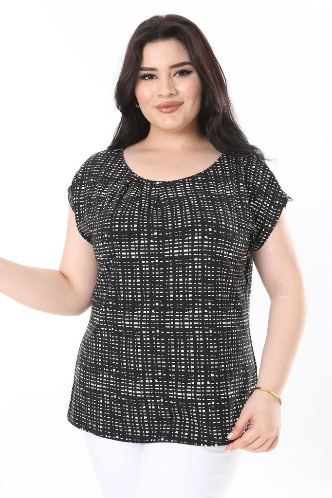 Damen Übergröße Bluse Plus Size Schwarz Rundhals Brustgefaltete Bluse