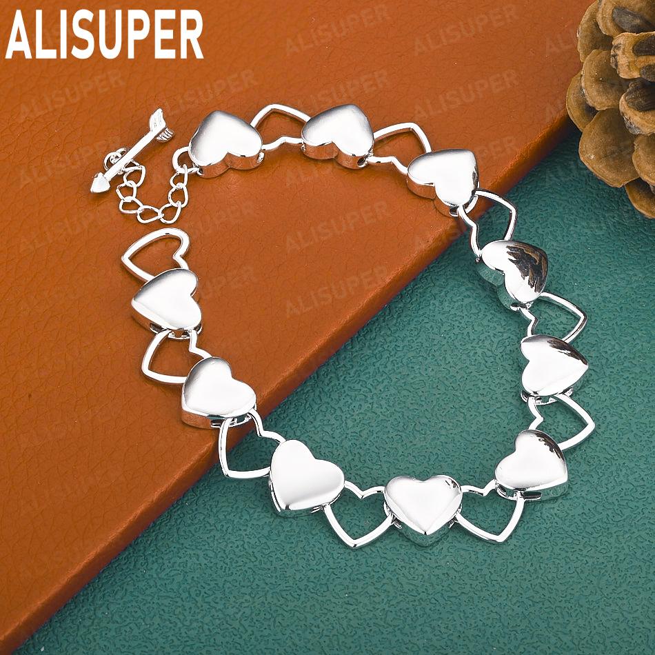 925 Sterling Silver Hollow Out Solid Double Heart Bracelet - Fashion Gift Jewelry 20cm