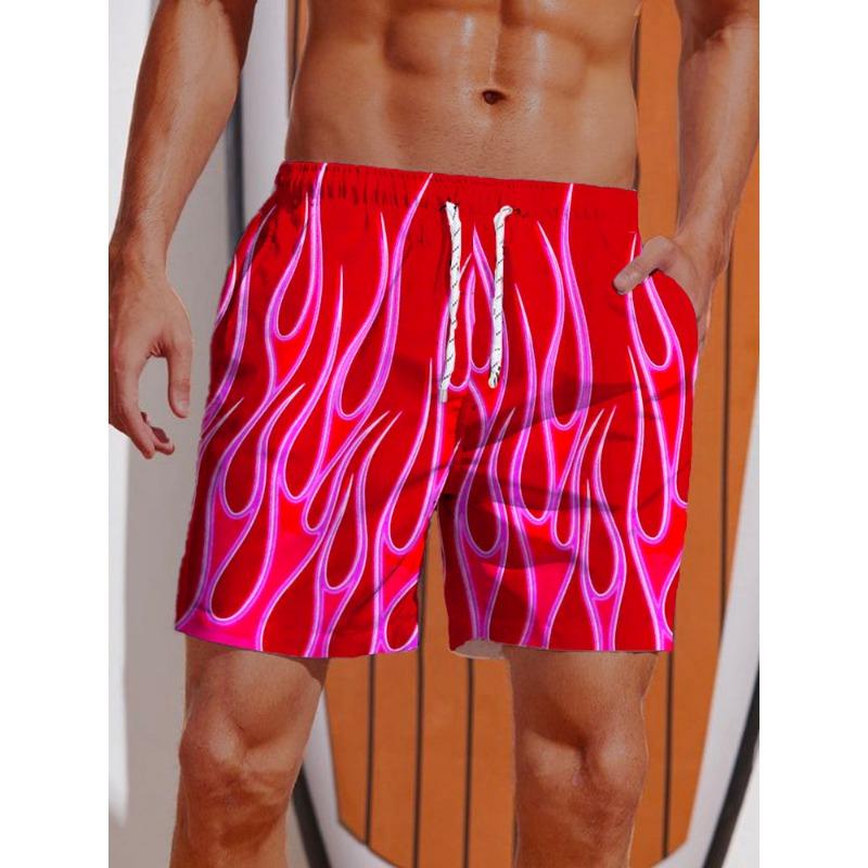 Летние 2024 Мужские шорты 3D-принт Полосатый Принт Пламя Board Shorts Купальные шорты На шнурке Дышащие Короткие Гавайские шорты