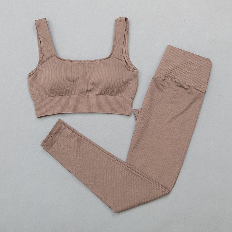 Women's Solid Color Seamless Ribbed Sports Bra and High Elastic Yoga Set