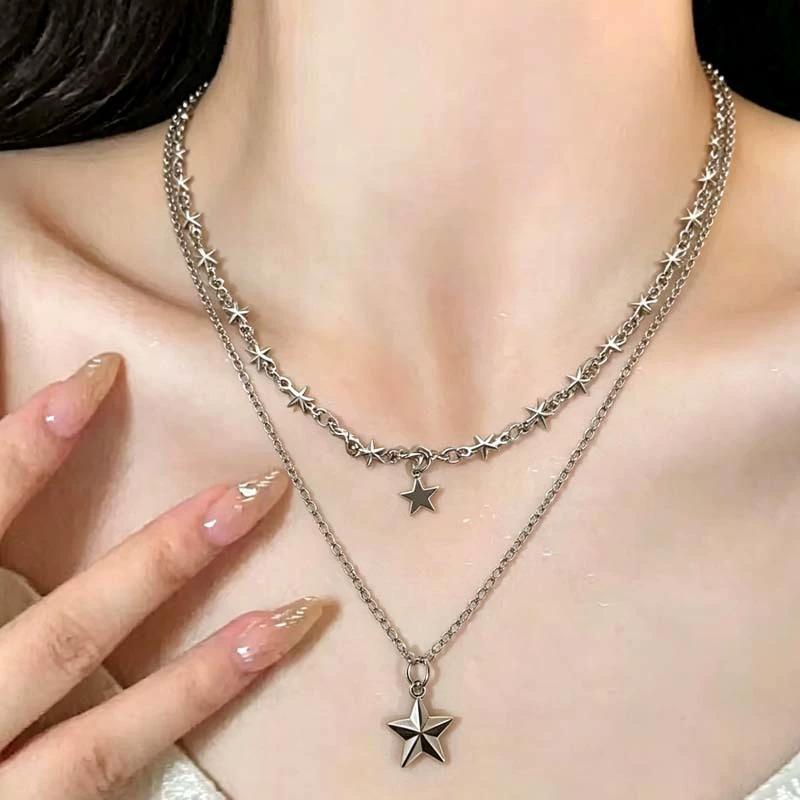 Vintage Y2K Goth Star Pendant Double Layered Silver Color Chain Choker Necklace For Women Charm Jewelry Accessories Wholesale