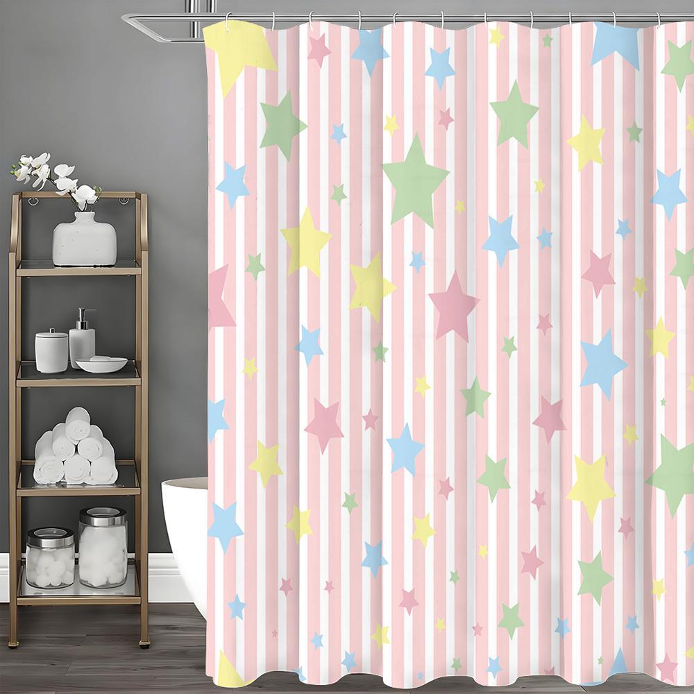 

Розовая и Белая Полосатая Занавеска для Душа с Разноцветными Звездами, Декоративная Занавеска для Душа для Ванной Комнаты, Водонепроницаемая Занавеска для Душа с Крючками 90*180cm